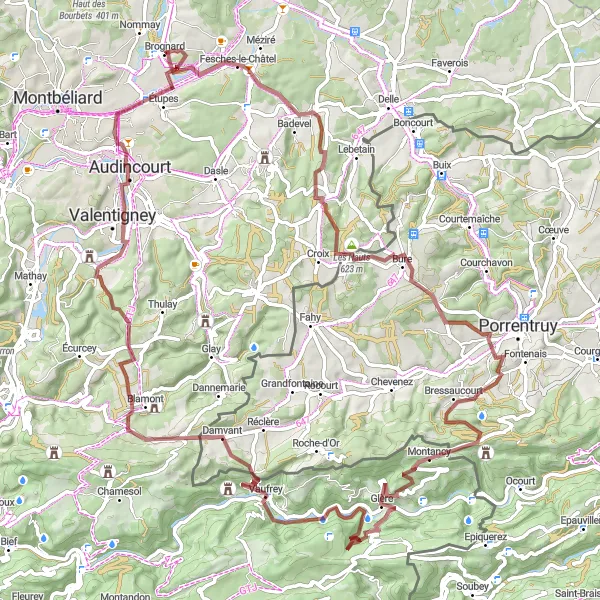 Map miniature of "Nommay to Fêche-l'Église via Glère" cycling inspiration in Franche-Comté, France. Generated by Tarmacs.app cycling route planner