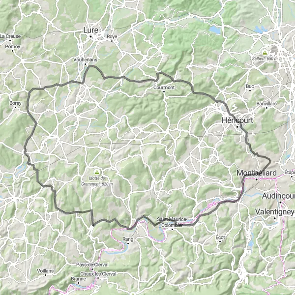 Map miniature of "Discovering Château de Pont-sur-l'Ognon and Mont Gédry" cycling inspiration in Franche-Comté, France. Generated by Tarmacs.app cycling route planner