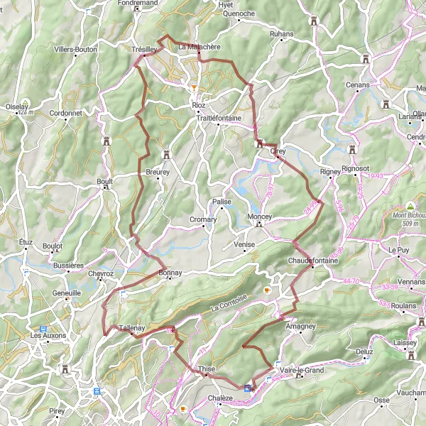 Miniature de la carte de l'inspiration cycliste "Les chemins de gravier de Franche-Comté" dans la Franche-Comté, France. Générée par le planificateur d'itinéraire cycliste Tarmacs.app