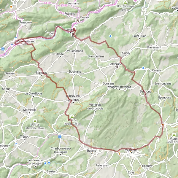 Miniature de la carte de l'inspiration cycliste "Circuit Gravel de Vaire-le-Petit à Château de Vaire-le-Grand" dans la Franche-Comté, France. Générée par le planificateur d'itinéraire cycliste Tarmacs.app