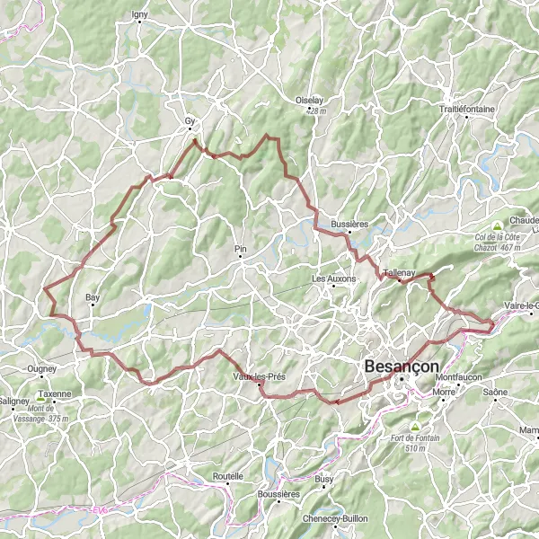 Miniature de la carte de l'inspiration cycliste "Parcours Gravel des Hauts du Chazal et Étuz" dans la Franche-Comté, France. Générée par le planificateur d'itinéraire cycliste Tarmacs.app