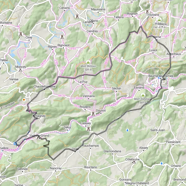 Map miniature of "Thise Road Loop" cycling inspiration in Franche-Comté, France. Generated by Tarmacs.app cycling route planner