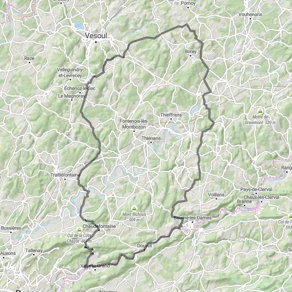 Miniature de la carte de l'inspiration cycliste "Parcours Mont Justin et Château de Pont-sur-l'Ognon" dans la Franche-Comté, France. Générée par le planificateur d'itinéraire cycliste Tarmacs.app