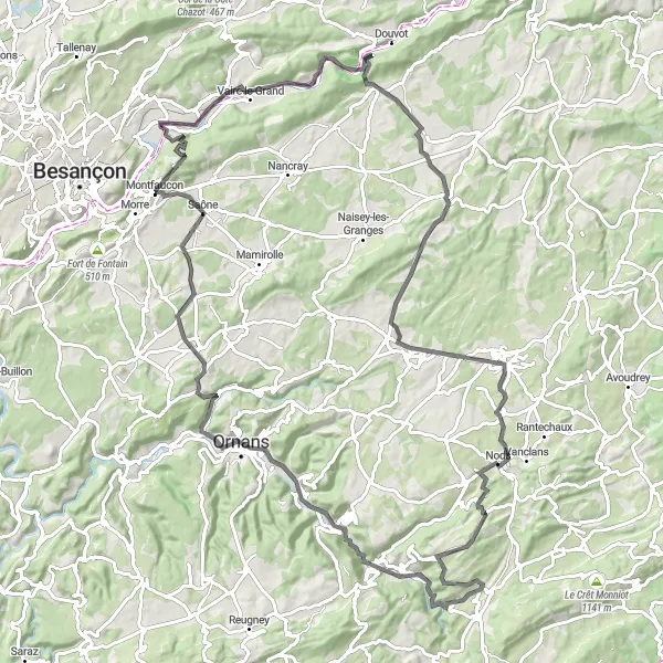 Miniature de la carte de l'inspiration cycliste "Parcours Road de Nods à Roche-lez-Beaupré" dans la Franche-Comté, France. Générée par le planificateur d'itinéraire cycliste Tarmacs.app