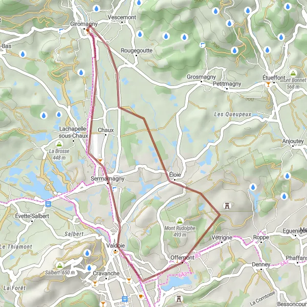 Miniature de la carte de l'inspiration cycliste "Parcours Gravel à travers La Côte et Giromagny" dans la Franche-Comté, France. Générée par le planificateur d'itinéraire cycliste Tarmacs.app
