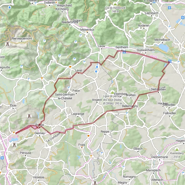 Miniature de la carte de l'inspiration cycliste "Boucle gravel à travers Anjoutey et Guewenheim" dans la Franche-Comté, France. Générée par le planificateur d'itinéraire cycliste Tarmacs.app