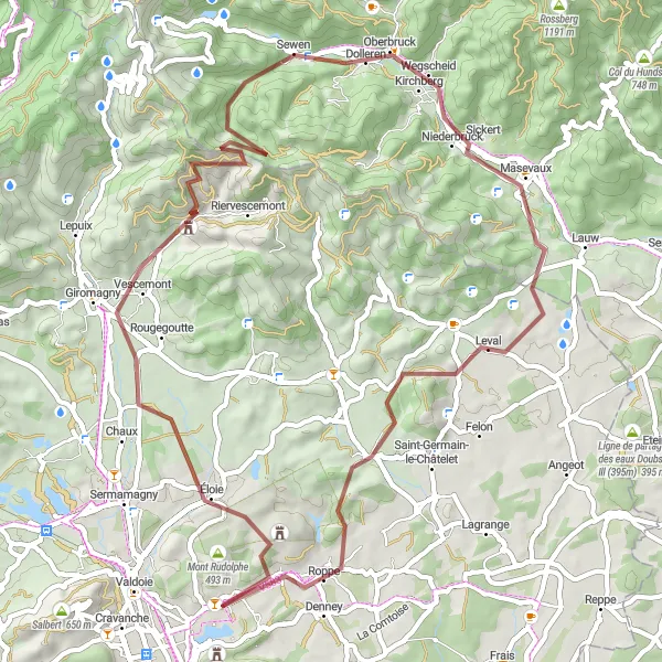 Miniature de la carte de l'inspiration cycliste "Défi des Monts Vosgiens" dans la Franche-Comté, France. Générée par le planificateur d'itinéraire cycliste Tarmacs.app