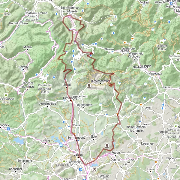 Miniature de la carte de l'inspiration cycliste "Aventure Gravel jusqu'au Ballon d'Alsace" dans la Franche-Comté, France. Générée par le planificateur d'itinéraire cycliste Tarmacs.app