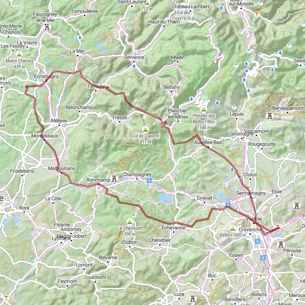 Miniature de la carte de l'inspiration cycliste "Exploration des Monts de Franche-Comté" dans la Franche-Comté, France. Générée par le planificateur d'itinéraire cycliste Tarmacs.app