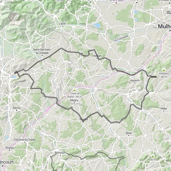 Map miniature of "Watershed Discovery" cycling inspiration in Franche-Comté, France. Generated by Tarmacs.app cycling route planner