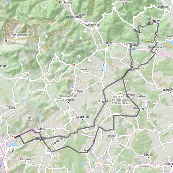 Miniature de la carte de l'inspiration cycliste "Parcours vallonné à travers Bessoncourt et Guewenheim" dans la Franche-Comté, France. Générée par le planificateur d'itinéraire cycliste Tarmacs.app