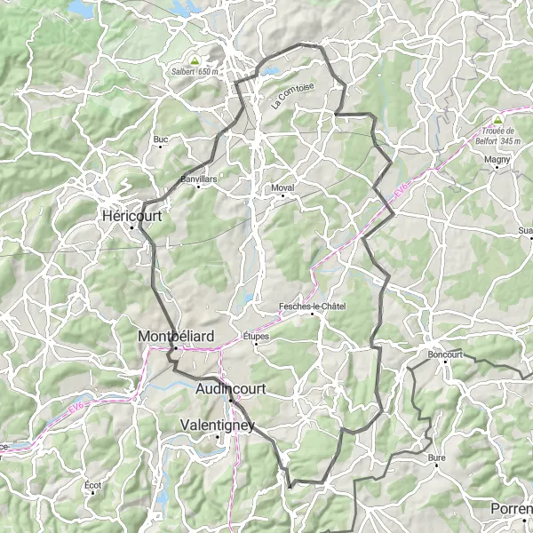 Miniature de la carte de l'inspiration cycliste "Escapade vers Montbéliard" dans la Franche-Comté, France. Générée par le planificateur d'itinéraire cycliste Tarmacs.app