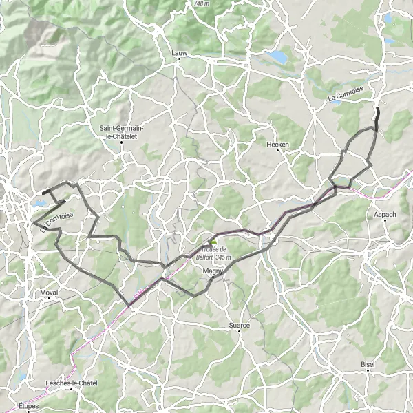 Miniature de la carte de l'inspiration cycliste "Escapade vers Chèvremont" dans la Franche-Comté, France. Générée par le planificateur d'itinéraire cycliste Tarmacs.app