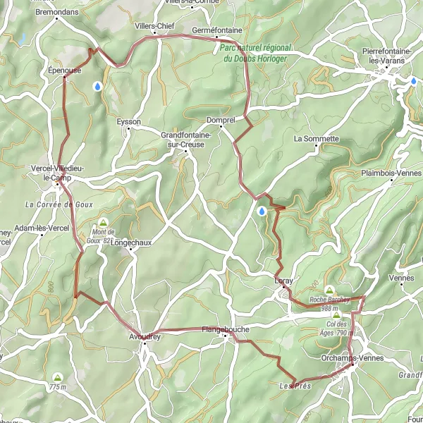 Miniature de la carte de l'inspiration cycliste "Parcours de Gravel autour d'Orchamps-Vennes" dans la Franche-Comté, France. Générée par le planificateur d'itinéraire cycliste Tarmacs.app