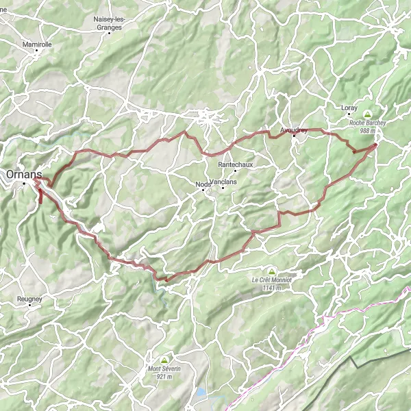 Miniature de la carte de l'inspiration cycliste "Exploration en VTT des Environs d'Orchamps-Vennes" dans la Franche-Comté, France. Générée par le planificateur d'itinéraire cycliste Tarmacs.app