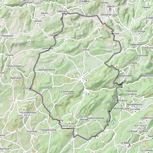 Miniature de la carte de l'inspiration cycliste "Tour Panoramique à Vélo en Franche-Comté" dans la Franche-Comté, France. Générée par le planificateur d'itinéraire cycliste Tarmacs.app