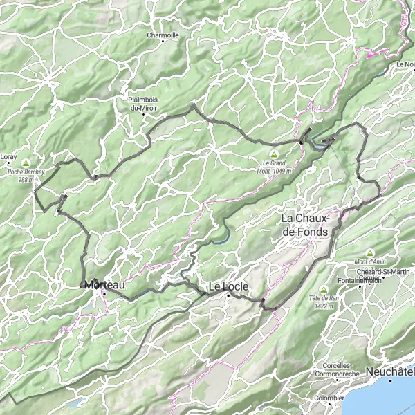 Miniature de la carte de l'inspiration cycliste "Les Cols du Haut-Jura" dans la Franche-Comté, France. Générée par le planificateur d'itinéraire cycliste Tarmacs.app