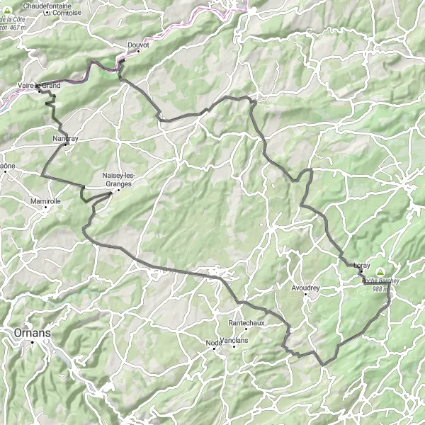 Miniature de la carte de l'inspiration cycliste "Circuit à Vélo sur Route à Travers la Franche-Comté" dans la Franche-Comté, France. Générée par le planificateur d'itinéraire cycliste Tarmacs.app