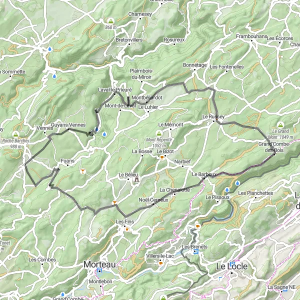 Miniature de la carte de l'inspiration cycliste "Les Collines du Haut-Doubs" dans la Franche-Comté, France. Générée par le planificateur d'itinéraire cycliste Tarmacs.app