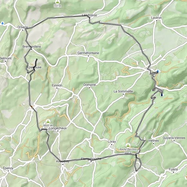 Miniature de la carte de l'inspiration cycliste "Les Montagnes du Jura" dans la Franche-Comté, France. Générée par le planificateur d'itinéraire cycliste Tarmacs.app