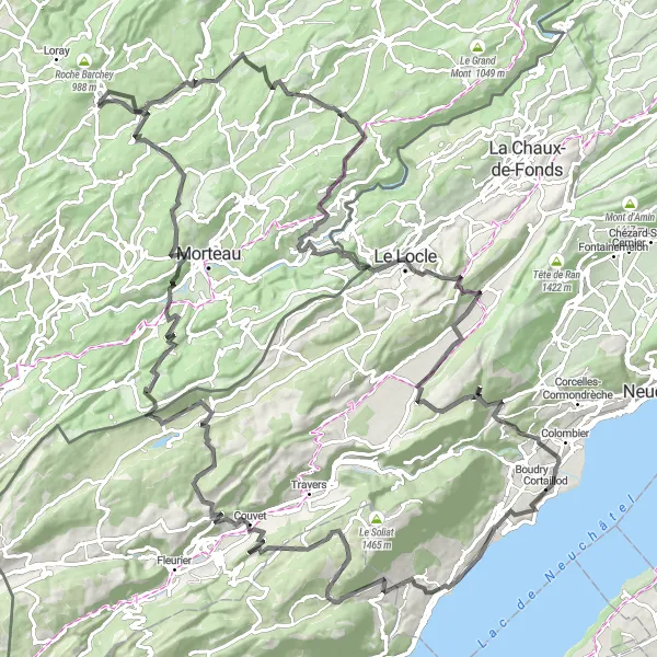 Miniature de la carte de l'inspiration cycliste "Les Grandes Traversées du Doubs" dans la Franche-Comté, France. Générée par le planificateur d'itinéraire cycliste Tarmacs.app