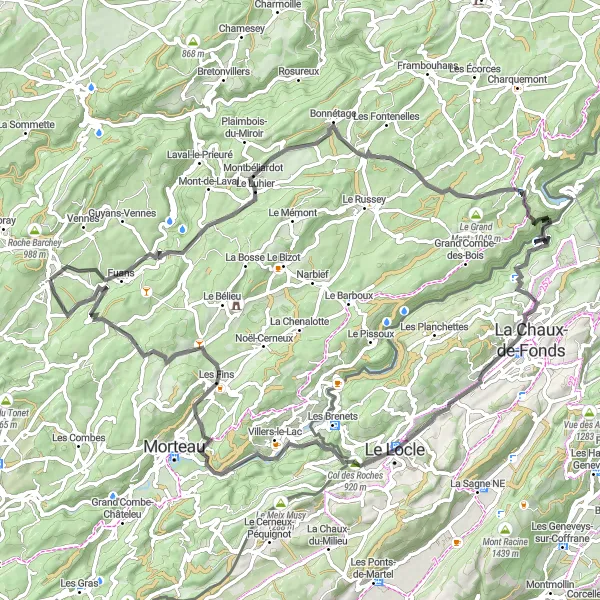 Miniature de la carte de l'inspiration cycliste "Boucle Pittoresque en Franche-Comté" dans la Franche-Comté, France. Générée par le planificateur d'itinéraire cycliste Tarmacs.app