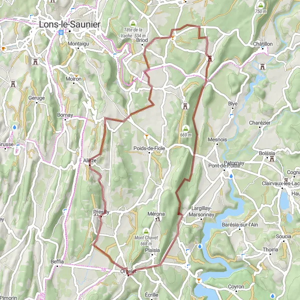 Map miniature of "Discover Alièze: Gravel Cycling Route" cycling inspiration in Franche-Comté, France. Generated by Tarmacs.app cycling route planner