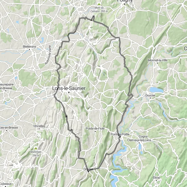 Map miniature of "Jura Enchantment" cycling inspiration in Franche-Comté, France. Generated by Tarmacs.app cycling route planner