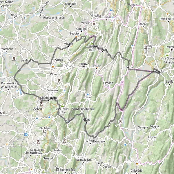 Map miniature of "Exploring Jura Roads" cycling inspiration in Franche-Comté, France. Generated by Tarmacs.app cycling route planner