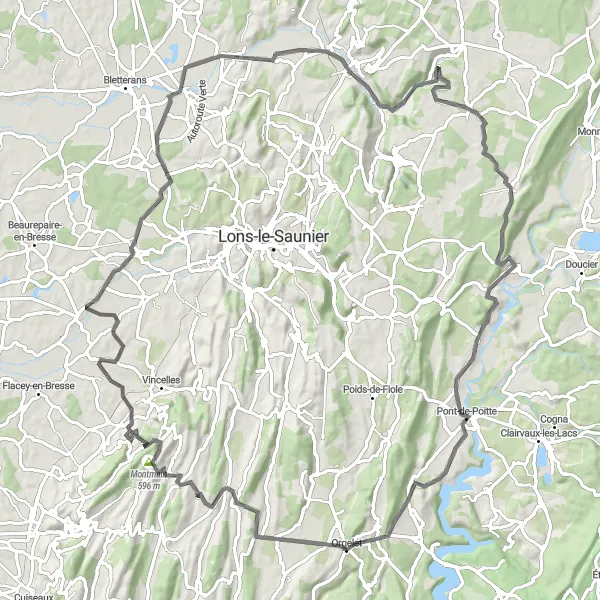 Map miniature of "Orgelet to Mirebel Cycling Route" cycling inspiration in Franche-Comté, France. Generated by Tarmacs.app cycling route planner