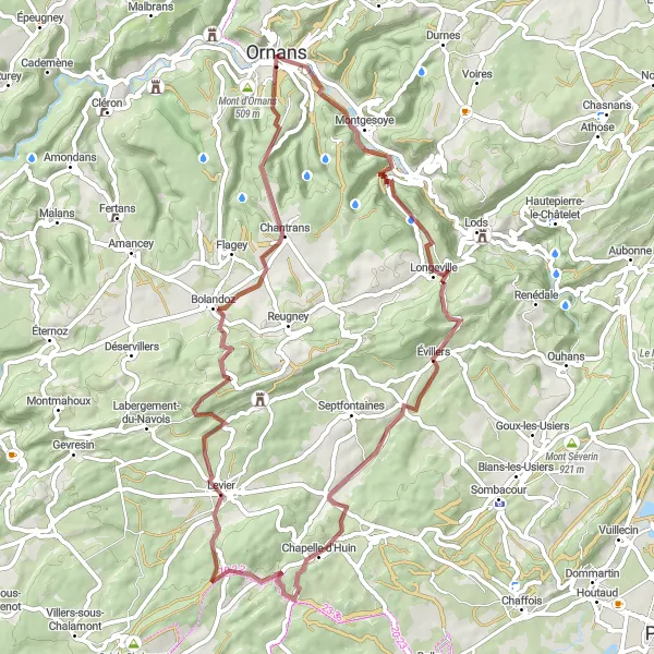Map miniature of "The Gravel Discovery" cycling inspiration in Franche-Comté, France. Generated by Tarmacs.app cycling route planner
