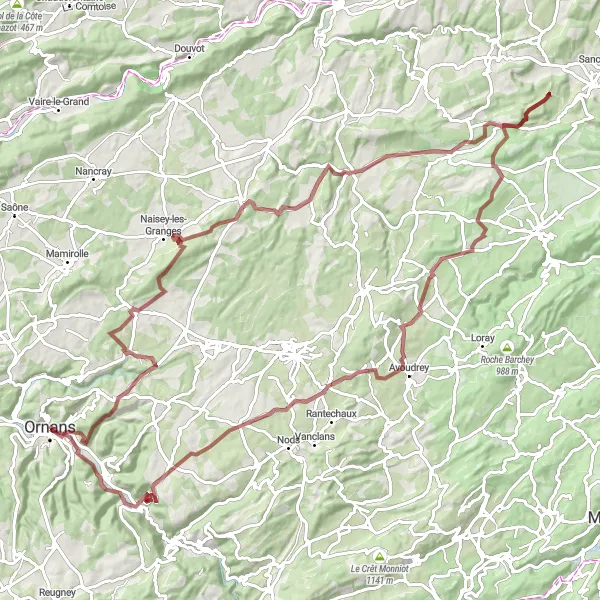 Map miniature of "Gravel Adventure" cycling inspiration in Franche-Comté, France. Generated by Tarmacs.app cycling route planner