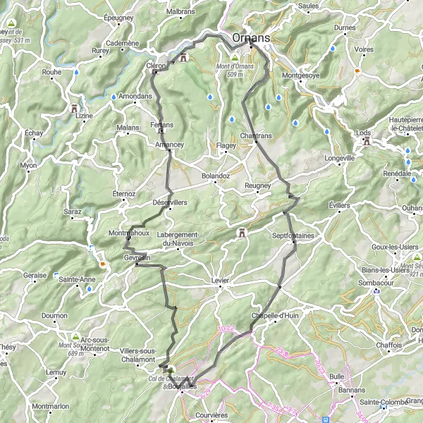 Map miniature of "Conquer the Hills: Road Cycling Route to Ornans" cycling inspiration in Franche-Comté, France. Generated by Tarmacs.app cycling route planner