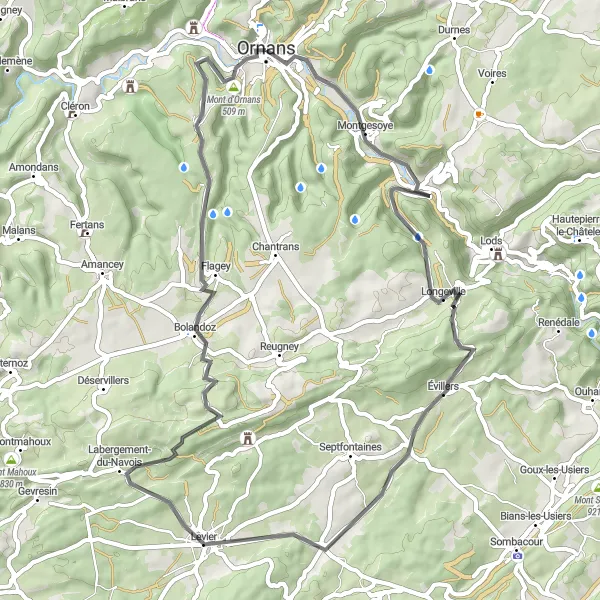 Miniature de la carte de l'inspiration cycliste "Balade cycliste à travers les collines du Jura" dans la Franche-Comté, France. Générée par le planificateur d'itinéraire cycliste Tarmacs.app