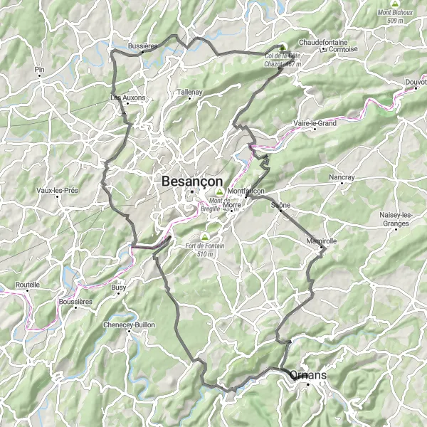 Map miniature of "Scey-en-Varais Loop" cycling inspiration in Franche-Comté, France. Generated by Tarmacs.app cycling route planner