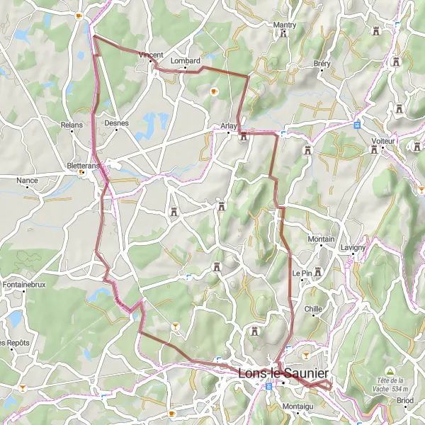 Miniature de la carte de l'inspiration cycliste "Circuit des vins du Jura" dans la Franche-Comté, France. Générée par le planificateur d'itinéraire cycliste Tarmacs.app