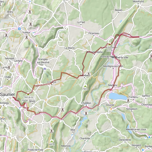 Map miniature of "Gravel Adventure around Perrigny" cycling inspiration in Franche-Comté, France. Generated by Tarmacs.app cycling route planner