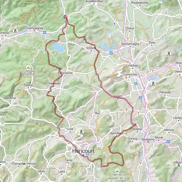 Miniature de la carte de l'inspiration cycliste "Parcours VTT gravel depuis Plancher-Bas" dans la Franche-Comté, France. Générée par le planificateur d'itinéraire cycliste Tarmacs.app