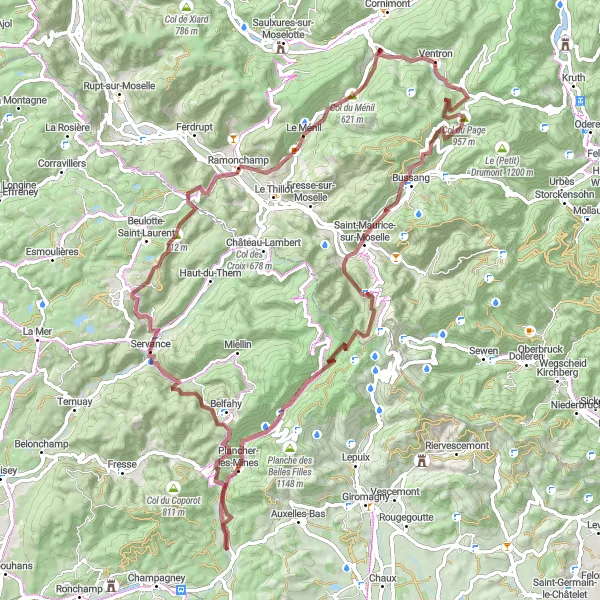 Miniature de la carte de l'inspiration cycliste "Tour du Col de la Chevestraye et du Col du Ménil" dans la Franche-Comté, France. Générée par le planificateur d'itinéraire cycliste Tarmacs.app