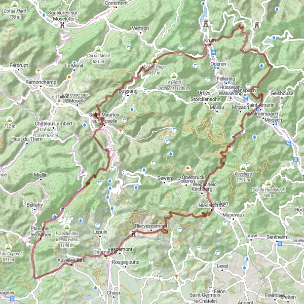 Miniature de la carte de l'inspiration cycliste "Tour épique à VTT gravel au départ de Plancher-Bas" dans la Franche-Comté, France. Générée par le planificateur d'itinéraire cycliste Tarmacs.app