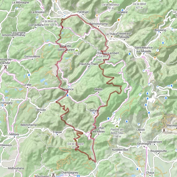 Miniature de la carte de l'inspiration cycliste "Randonnée sauvage de Plancher-Bas" dans la Franche-Comté, France. Générée par le planificateur d'itinéraire cycliste Tarmacs.app