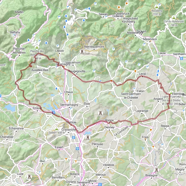Miniature de la carte de l'inspiration cycliste "Itinéraire VTT gravel autour de Plancher-Bas" dans la Franche-Comté, France. Générée par le planificateur d'itinéraire cycliste Tarmacs.app