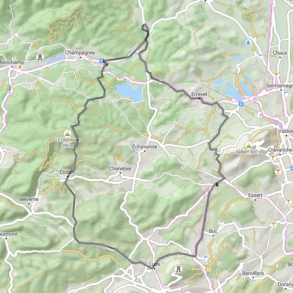 Miniature de la carte de l'inspiration cycliste "Balade tranquille autour de Plancher-Bas" dans la Franche-Comté, France. Générée par le planificateur d'itinéraire cycliste Tarmacs.app