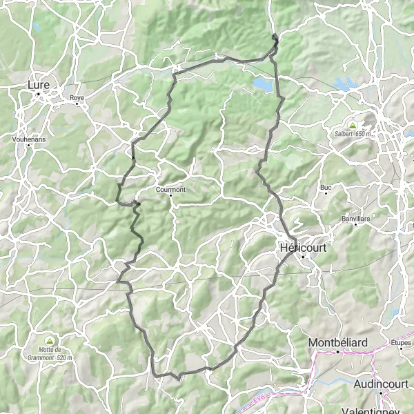 Miniature de la carte de l'inspiration cycliste "Boucle panoramique de Plancher-Bas" dans la Franche-Comté, France. Générée par le planificateur d'itinéraire cycliste Tarmacs.app