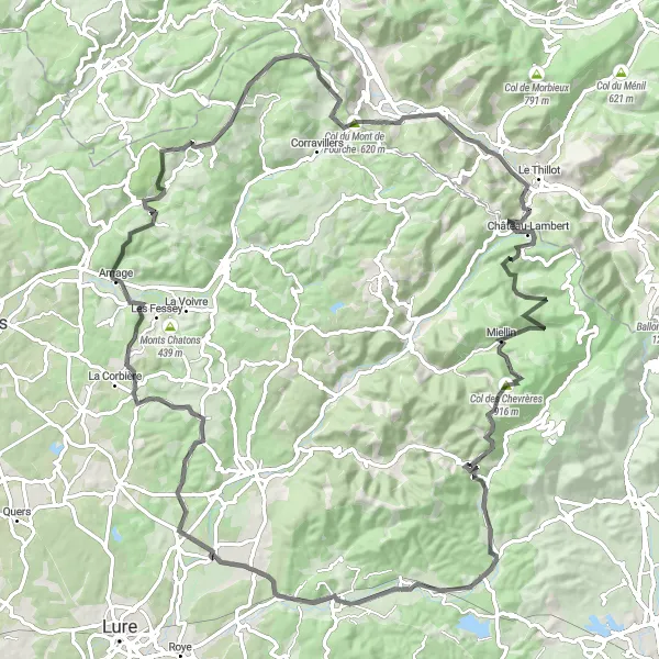 Miniature de la carte de l'inspiration cycliste "Parcours pittoresque vers le Col des Chevrères" dans la Franche-Comté, France. Générée par le planificateur d'itinéraire cycliste Tarmacs.app