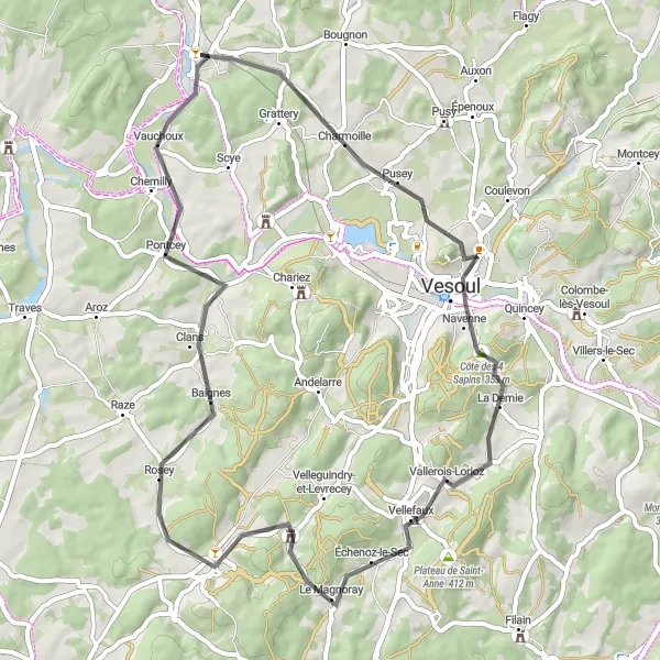 Map miniature of "The Vesoul Road Loop" cycling inspiration in Franche-Comté, France. Generated by Tarmacs.app cycling route planner