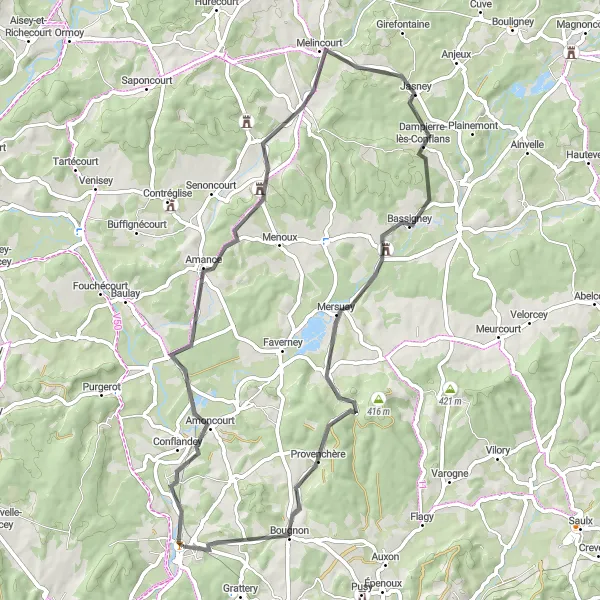 Map miniature of "The Saône Loop" cycling inspiration in Franche-Comté, France. Generated by Tarmacs.app cycling route planner