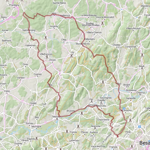 Map miniature of "Gravel Route: Countryside Adventure" cycling inspiration in Franche-Comté, France. Generated by Tarmacs.app cycling route planner