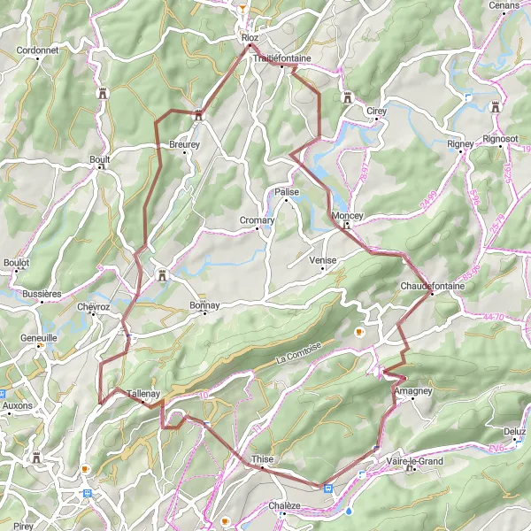 Map miniature of "Challenging Gravel Ride through Amagney" cycling inspiration in Franche-Comté, France. Generated by Tarmacs.app cycling route planner