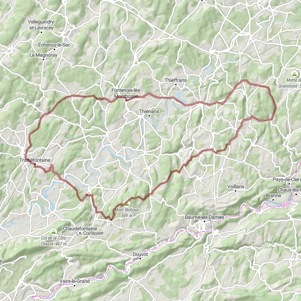 Miniature de la carte de l'inspiration cycliste "Boucle des Monts autour de Rioz" dans la Franche-Comté, France. Générée par le planificateur d'itinéraire cycliste Tarmacs.app